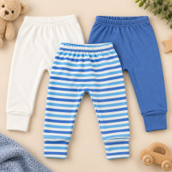 Kit 3 Calças Bebê Com Pé Reversível Suedine Algodão e Macelin Estampada Listrado Azul