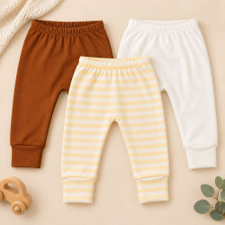 Kit 3 Calças Bebê Com Pé Reversível Suedine Algodão e Macelin Estampada Listrada Creme
