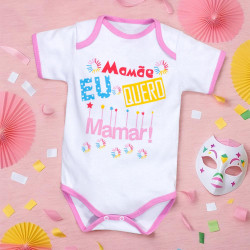 BODY PARA BEBÊ CURTO MAMÃE EU QUERO MAMAR VIÉS ROSA