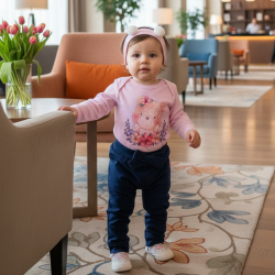 CONJUNTO BODY LONGO, CALÇA E FAIXA PARA BEBÊ ESTAMPADO URSINHA ROSA CLARO