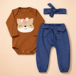 CONJUNTO PARA BEBÊ BODY E CALÇA JEANS BORDADO RAPOSA CHOCOLATE