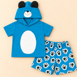 Conjunto Curto Infantil Blusa com Capuz de Ursinho Aplique 3D e Shorts Estampado Turquesa