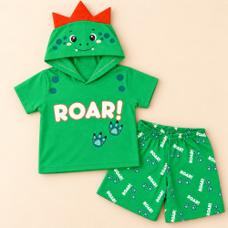 Conjunto Curto Infantil Blusa com Capuz de Dino Aplique 3D e Shorts Estampado Verde