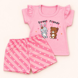 Conjunto Bebê Blusa Com Babado E Shorts Moletinho Estampado Rosa Claro Até 12 Meses