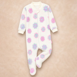 Macacão Fleece Infantil Zíper Solinha Antiderrapante Estampado Flores 12 a 24 Meses