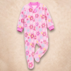 Macacão Fleece Infantil Zíper Solinha Antiderrapante Estampado Flor Pink 12 a 24 Meses