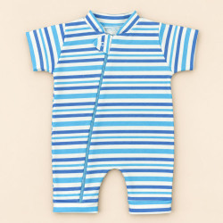 Macacão Romper Bebê Estampado Listras Azul Em Malha Macelin De 0 A 12 Meses
