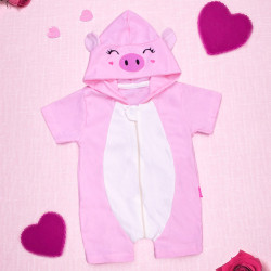 Macacão Infantil Curto Com Capuz Bichinhos Bordado Porquinha Rosa
