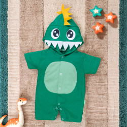 Macacão para Bebê Curto Com Capuz Bichinhos Bordado Dino Verde