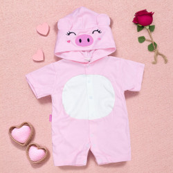 Macacão para Bebê Curto Com Capuz Bichinhos Bordado Porquinha Rosa