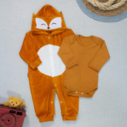 Macacão de Bebê Plush Bordado de Raposa + Body em Suedine