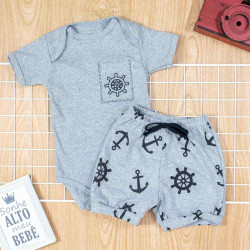 CONJUNTO PARA BEBÊ CURTO BORDADO MESCLA ÂNCORA