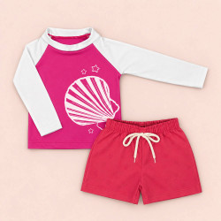 Conjunto de Praia Infantil Até 3 anos Camiseta UV 50+ e Shorts Mágico Pink e Framboesa