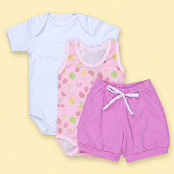 Conjunto Trio Bebê Verão Total com Body Regata, Body Curto e Shorts Rosa