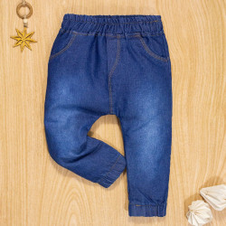 CALÇA PARA BEBÊ JEANS JOGGER BOLSINHO BORDADO AZUL ESCURO