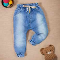 Calça Jeans bebê Jogger lavagem clara cordão marrom