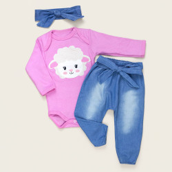 CONJUNTO PARA BEBÊ BODY E CALÇA JEANS BORDADO OVELHA LAVAGEM CLARA
