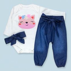 CONJUNTO PARA BEBÊ BODY E CALÇA JEANS BORDADO RAPOSA LAVAGEM ESCURA