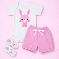 Look 3 pçs de Body, Shorts e Sandália Bichinho Coelha Para Bebê Até 12 meses