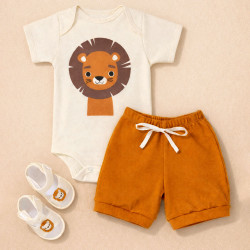 Look 3 pçs de Body, Shorts e Sandália Bichinho Leão Para Bebê Até 12 meses