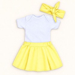Conjunto 3 Peças Para Bebê Menina Body e Saia com Faixinha de Cabelo Amarelo de 0 a 12 Meses