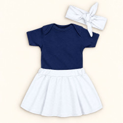 Conjunto 3 Peças Para Bebê Menina Body e Saia com Faixinha de Cabelo Branco de 0 a 12 Meses
