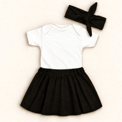 Conjunto 3 Peças Para Bebê Menina Body e Saia com Faixinha de Cabelo Preto de 0 a 12 Meses