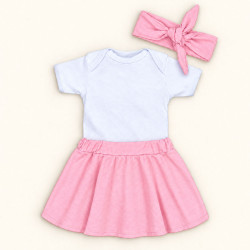 Conjunto 3 Peças Para Bebê Menina Body e Saia com Faixinha de Cabelo Rosa de 0 a 12 Meses