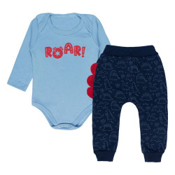 CONJUNTO BODY LONGO E CALÇA PARA BEBÊ ESTAMPADO ROAR AZUL CLARO