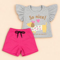 Conjunto Infantil Menina Verão Blusa Estampada e Shorts 2 até 8 anos Mescla