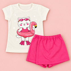 Conjunto de 2 até 10 anos para Menina Blusa Estampada e Shorts Saia Creme