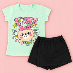 Conjunto de 2 até 10 anos para Menina Blusa Estampada e Shorts Saia Verde Claro