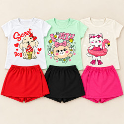 Conjunto 6 Peças Para Menina Blusinha E Shorts Saia de 02 a 10 Anos