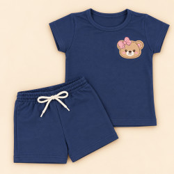 Conjunto Infantil Menina Blusa Bordada e Shorts Monocromático Azul Marinho de 2 até 10 anos 
