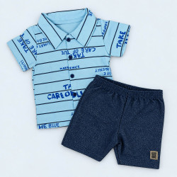 Conjunto Bebê Menino Polo Estampada E Shorts Azul Até 12 Meses
