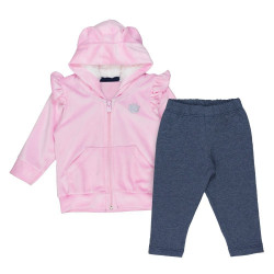 CONJUNTO LONGO EM MOLETINHO JAQUETA COM CAPUZ INTERATIVO E CALÇA ROSA CLARO
