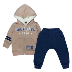 CONJUNTO LONGO EM MOLETINHO JAQUETA CAPUZ PELÚCIA E CALÇA ESTAMPA BABY BOYS MARROM