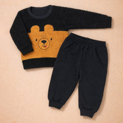 Conjunto Bebê Menino Moletom Ursinho Peluciado Urso Cute Inverno Preto