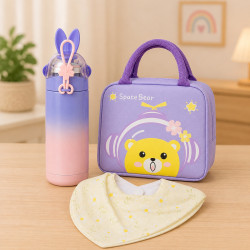 Kit 3 Peças Bebê Lancheira Térmica Garrafinha Inox Babador Menina Lilás