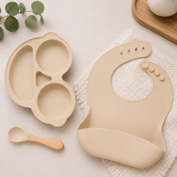Kit Alimentação Bebê Silicone 3 Peças Prato Babador Colher BPA Free Creme