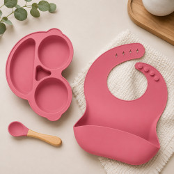 Kit Alimentação Bebê Silicone 3 Peças Prato Babador Colher BPA Free Rose