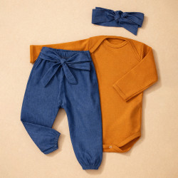 Conjunto Para Bebê Body e Calça Jeans com Faixinha Caramelo 