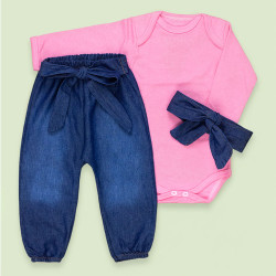 Conjunto Para Bebê Body e Calça Jeans com Faixinha Rosa 