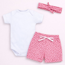 Conjunto Bebê Menina Look 3 Peças Body, Shorts e Faixinha Estampadinho Oncinha Rosa