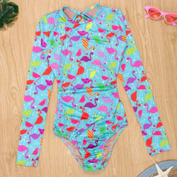 Maiô para Menina Jovem de Flamingos Verde Proteção UV50+