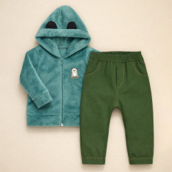Conjunto Jaqueta Bebê Menino Fleece Macio com Capuz e Calça Style Verde